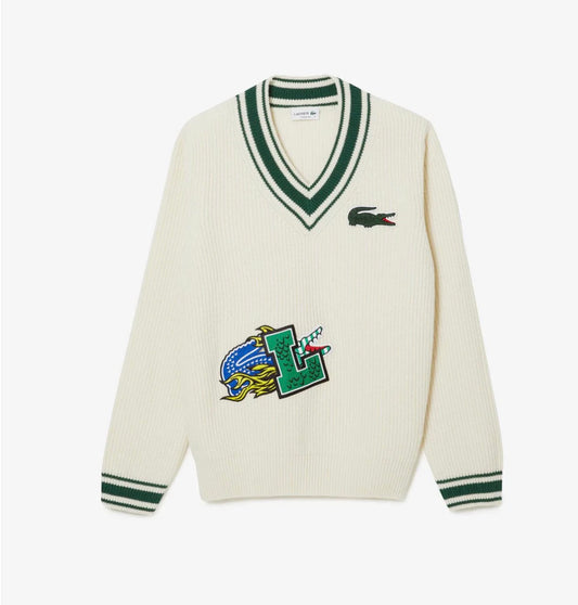 Lacoste Men's Comic Badge Striped V-Neck
Sweater