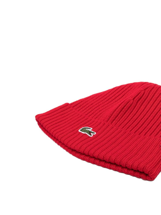 LACOSTE UNISEX RIBBED LOGO BEANIE RED