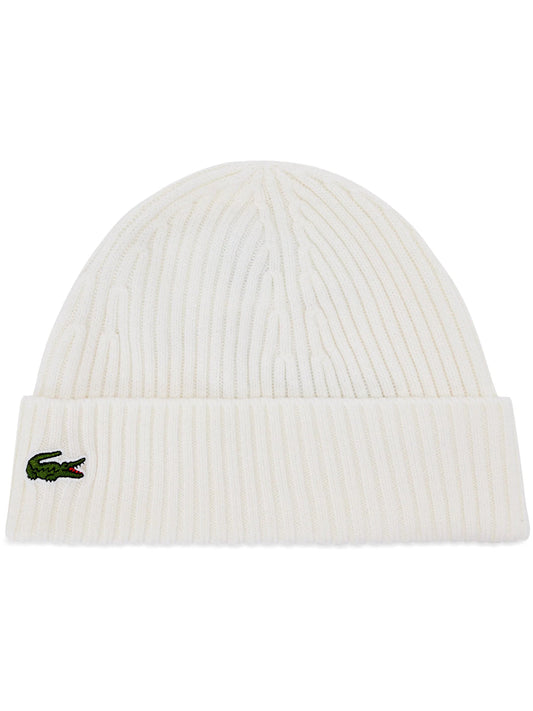 LACOSTE UNISEX RIBBED LOGO BEANIE WHITE