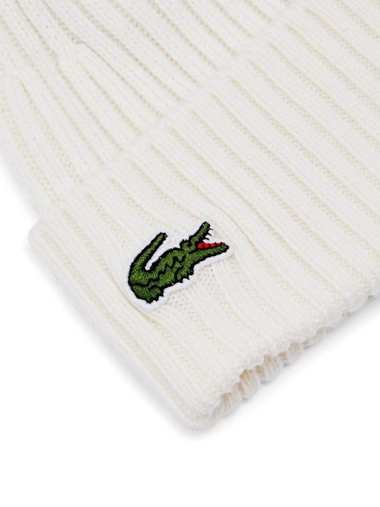 LACOSTE UNISEX RIBBED LOGO BEANIE WHITE