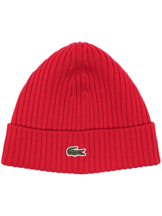 LACOSTE UNISEX RIBBED LOGO BEANIE RED