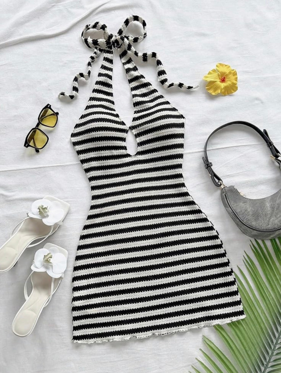 Crochet Halter Mini Dress Black and white