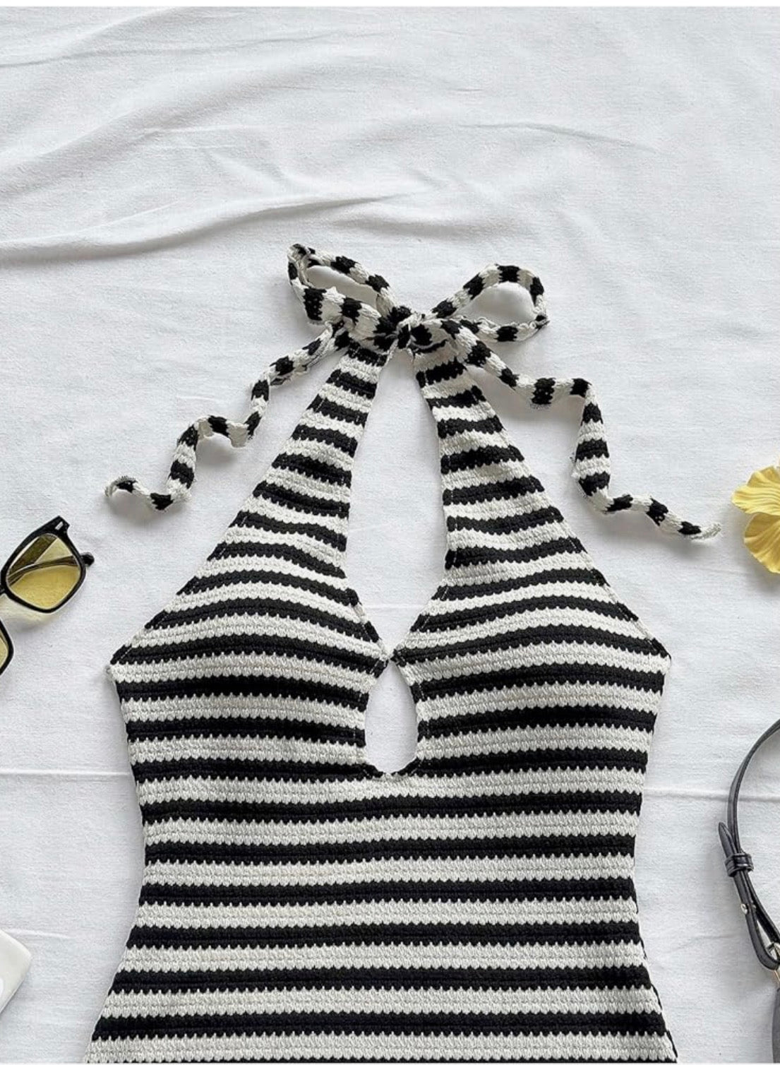 Crochet Halter Mini Dress Black and white