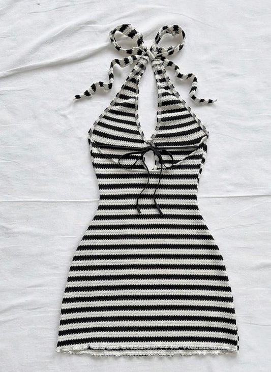 Crochet Halter Mini Dress Black and white