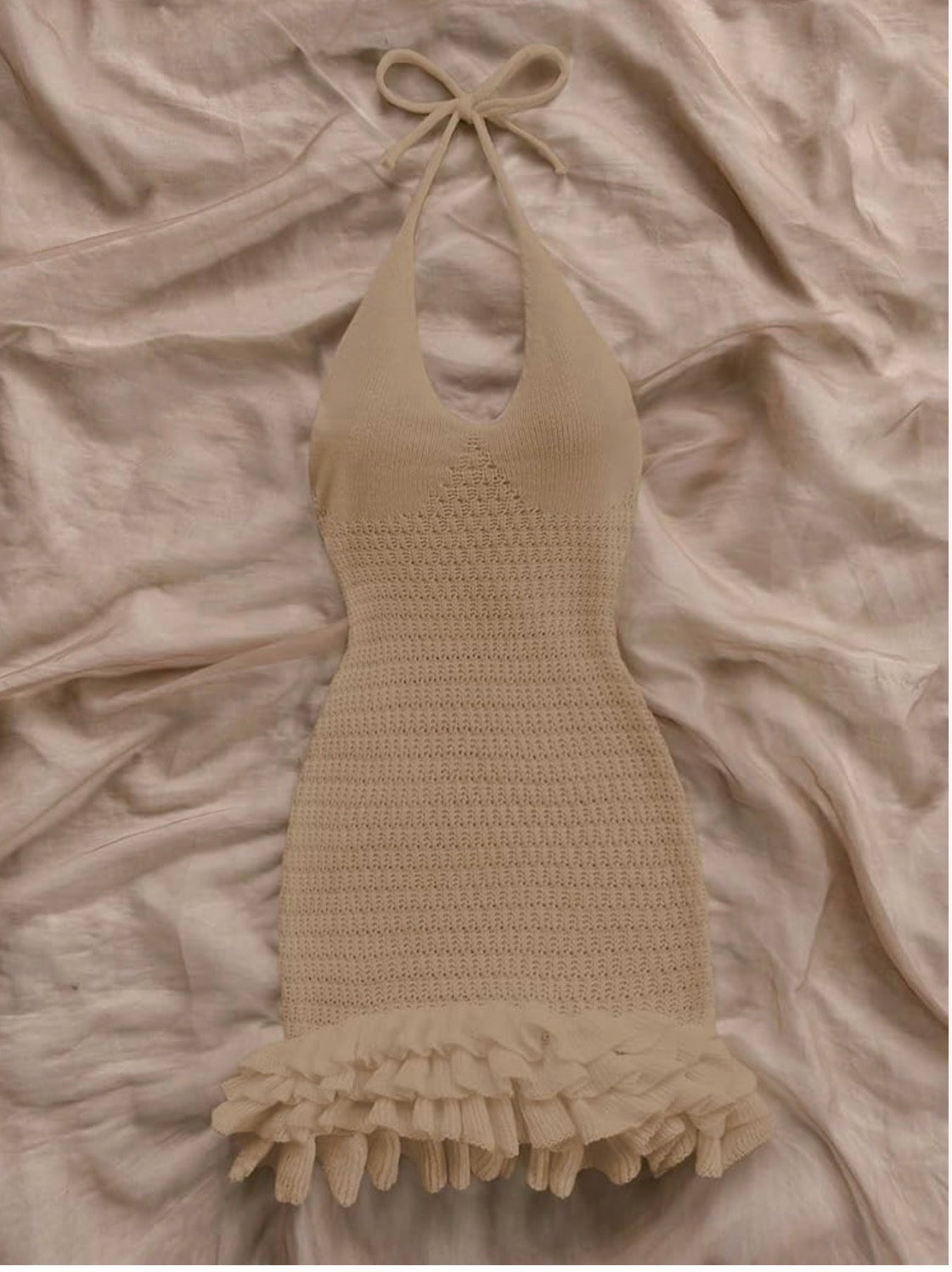 Crochet Halter Mini Dress Brown