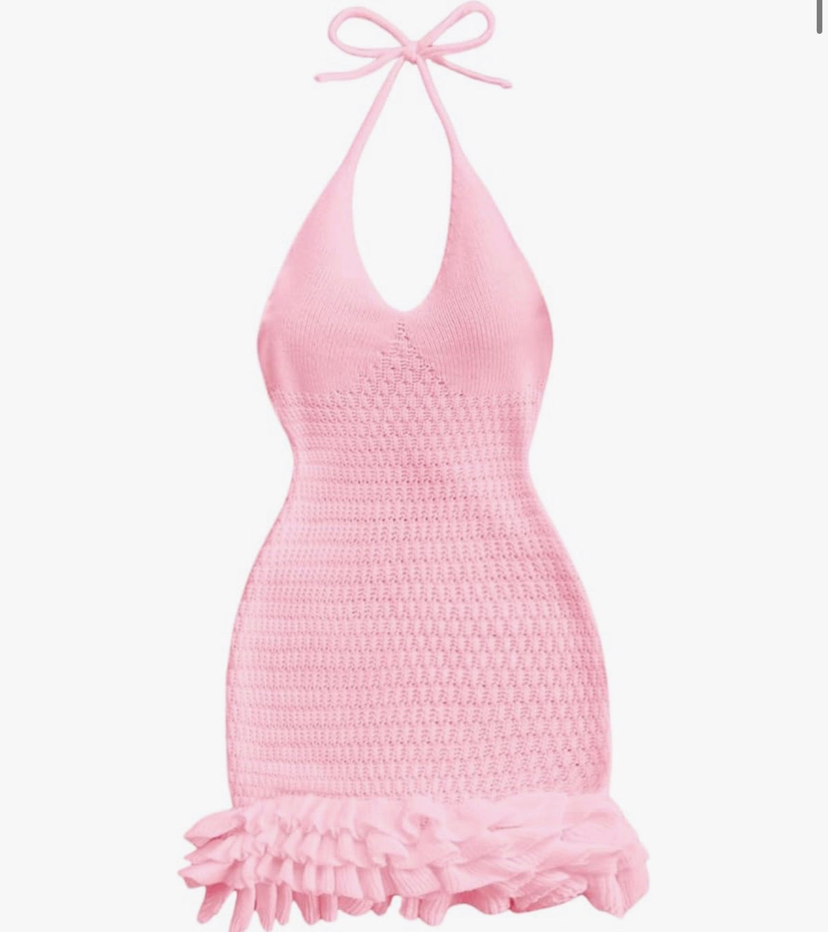 Crochet Halter Mini Dress Pink