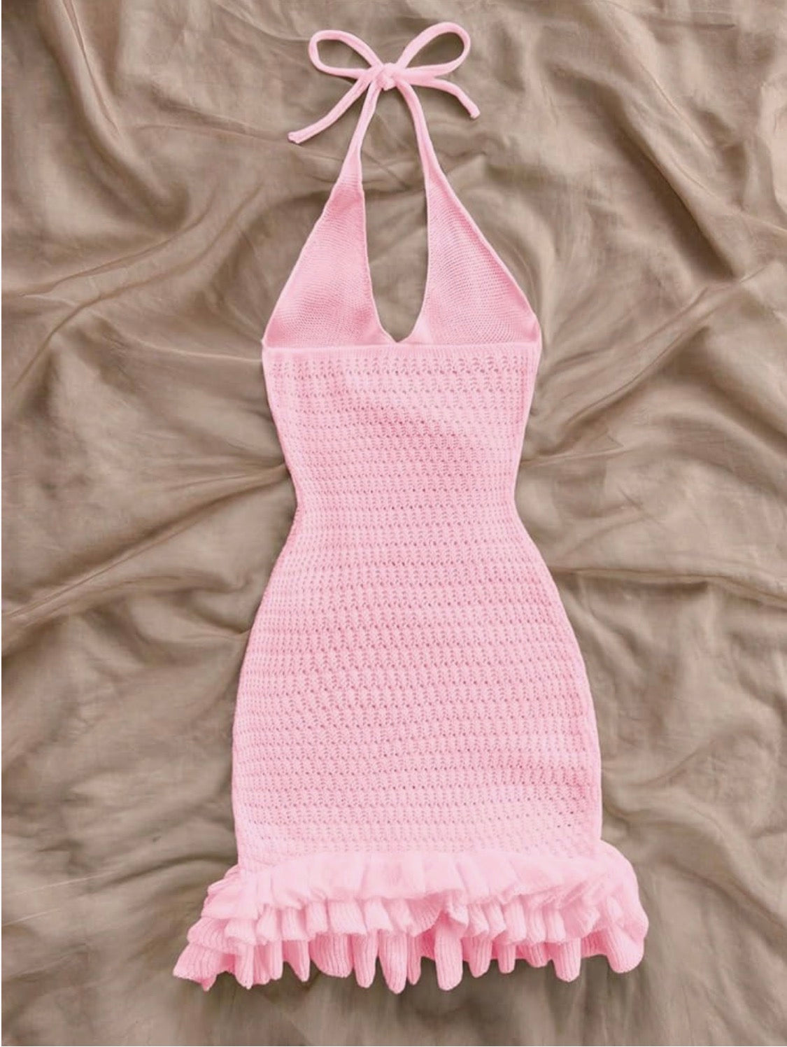 Crochet Halter Mini Dress Pink