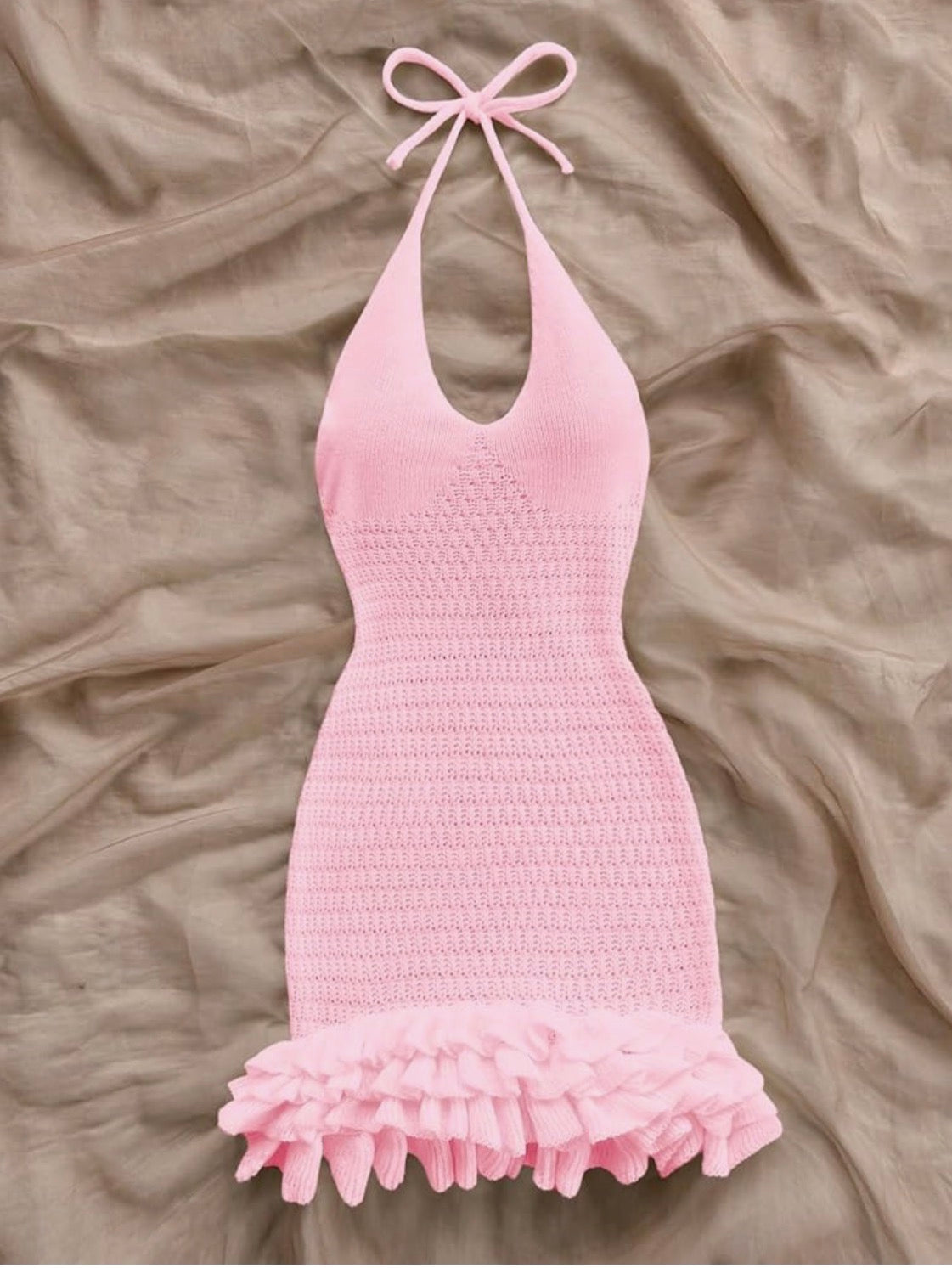 Crochet Halter Mini Dress Pink